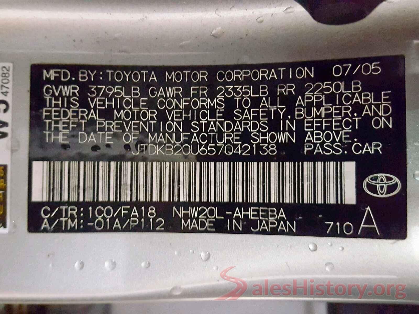 JTDKB20U657042138 2005 TOYOTA PRIUS