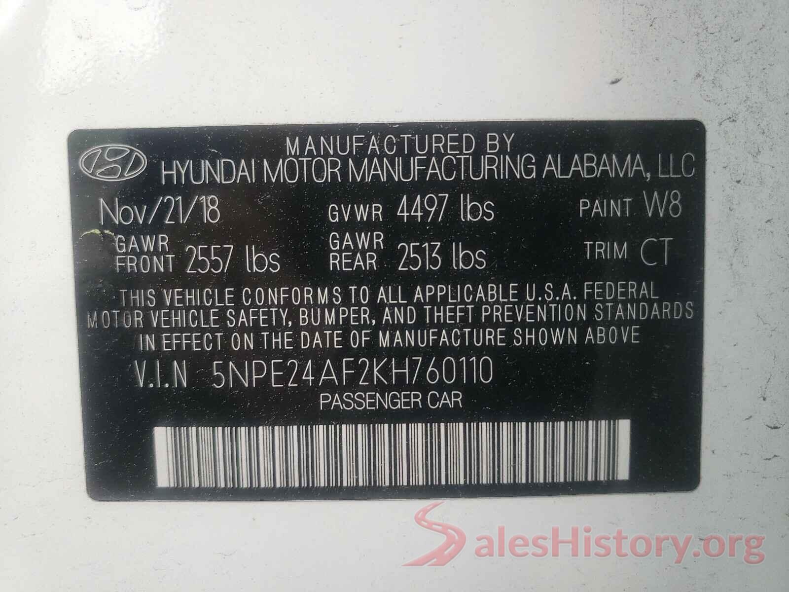 5NPE24AF2KH760110 2019 HYUNDAI SONATA