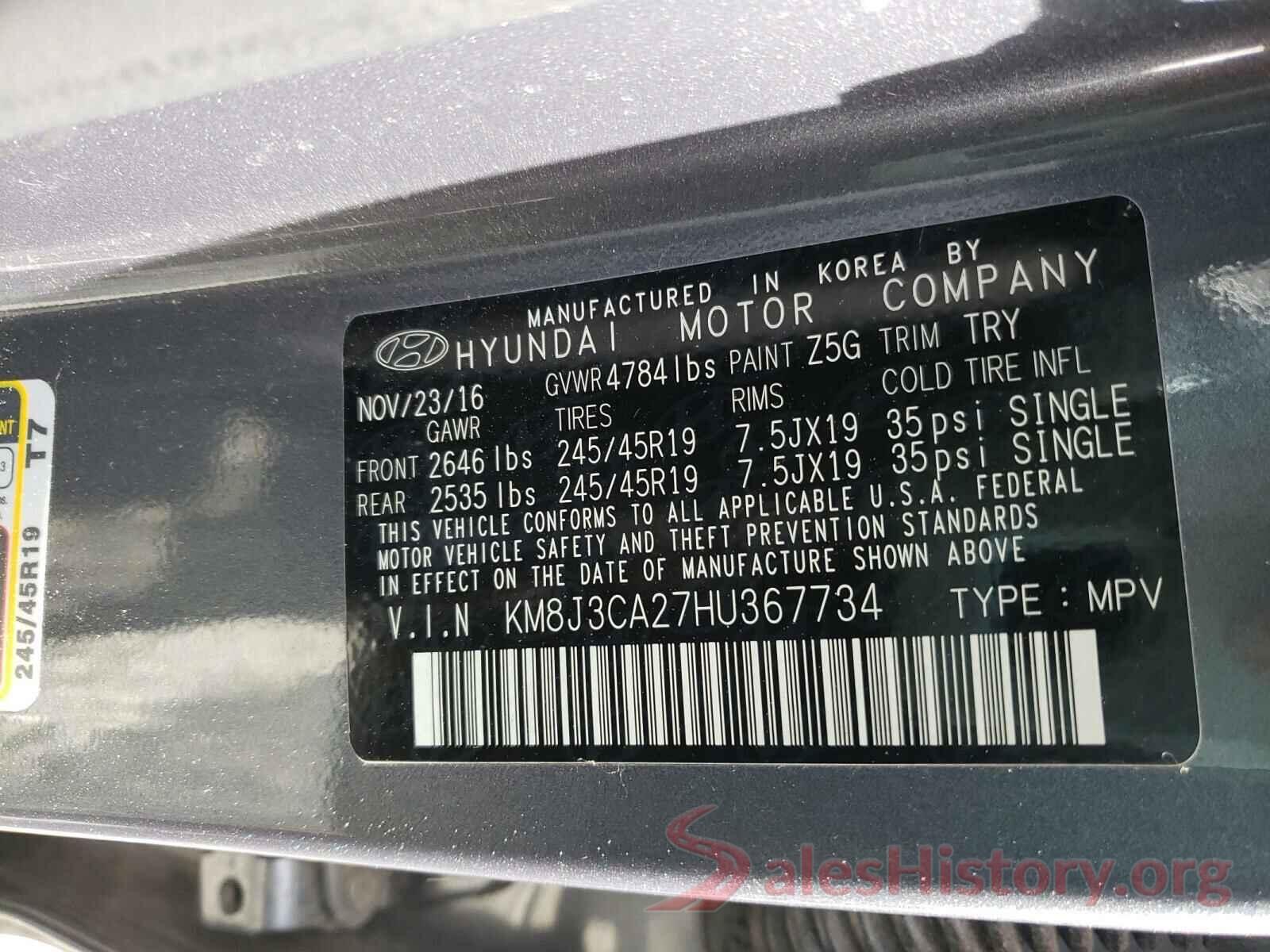 KM8J3CA27HU367734 2017 HYUNDAI TUCSON