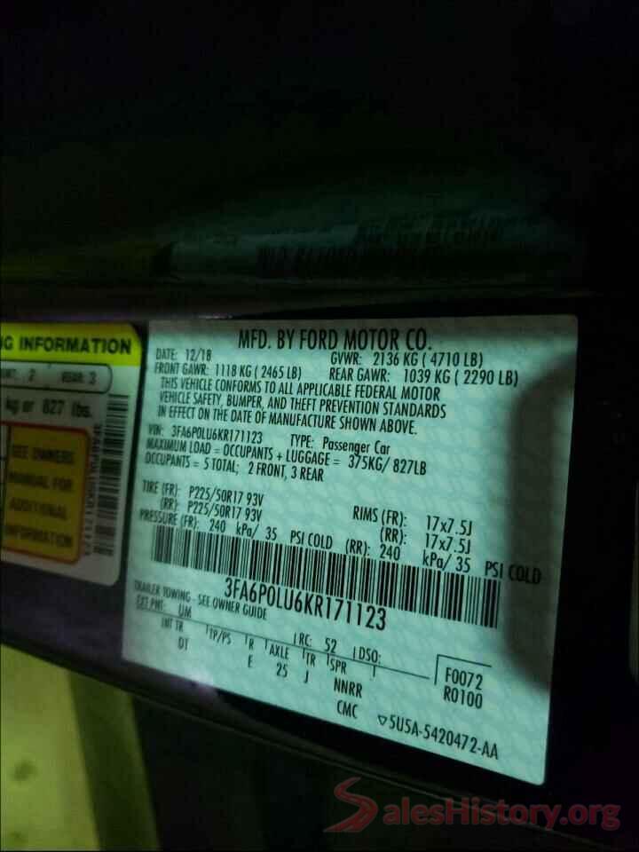 3FA6P0LU6KR171123 2019 FORD FUSION