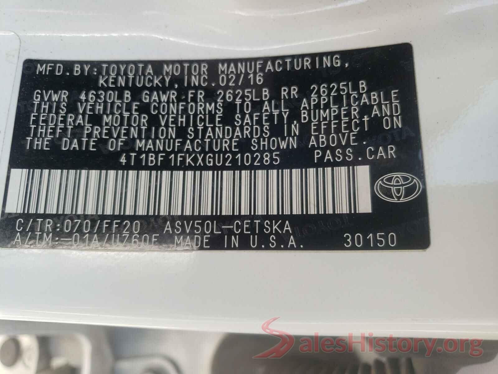 4T1BF1FKXGU210285 2016 TOYOTA CAMRY