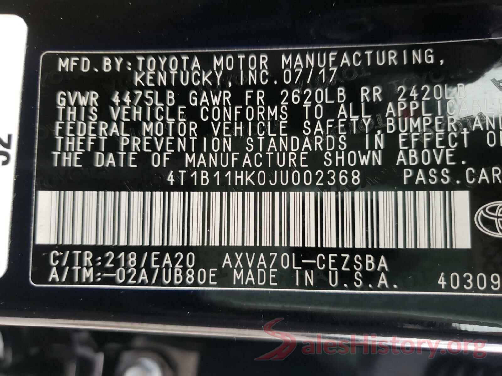 4T1B11HK0JU002368 2018 TOYOTA CAMRY