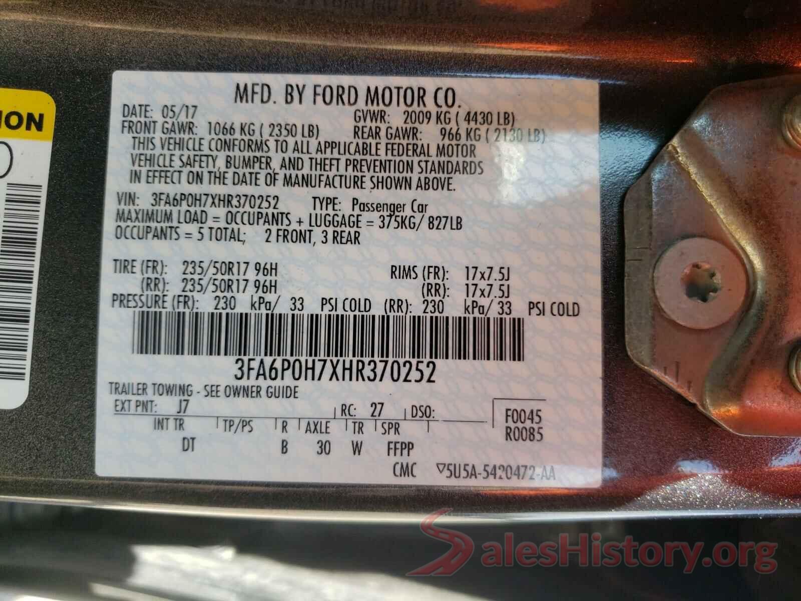 3FA6P0H7XHR370252 2017 FORD FUSION