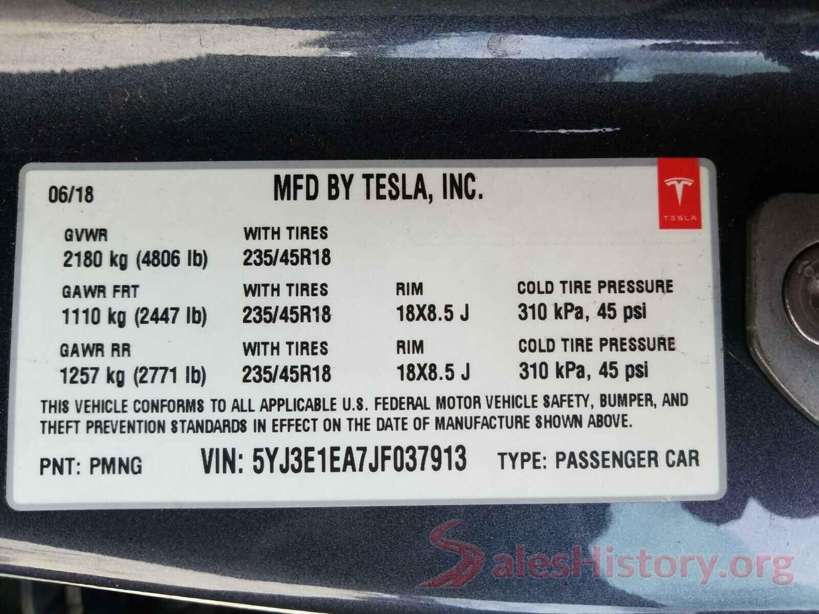 5YJ3E1EA7JF037913 2018 TESLA MODEL 3