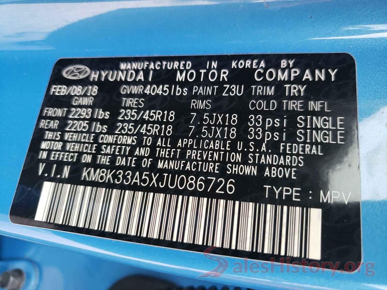 KM8K33A5XJU086726 2018 HYUNDAI KONA