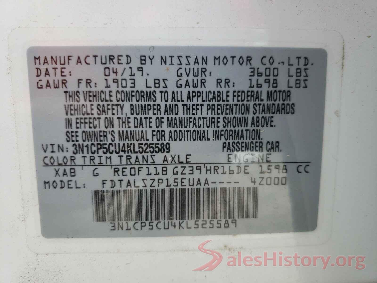 3N1CP5CU4KL525589 2019 NISSAN KICKS