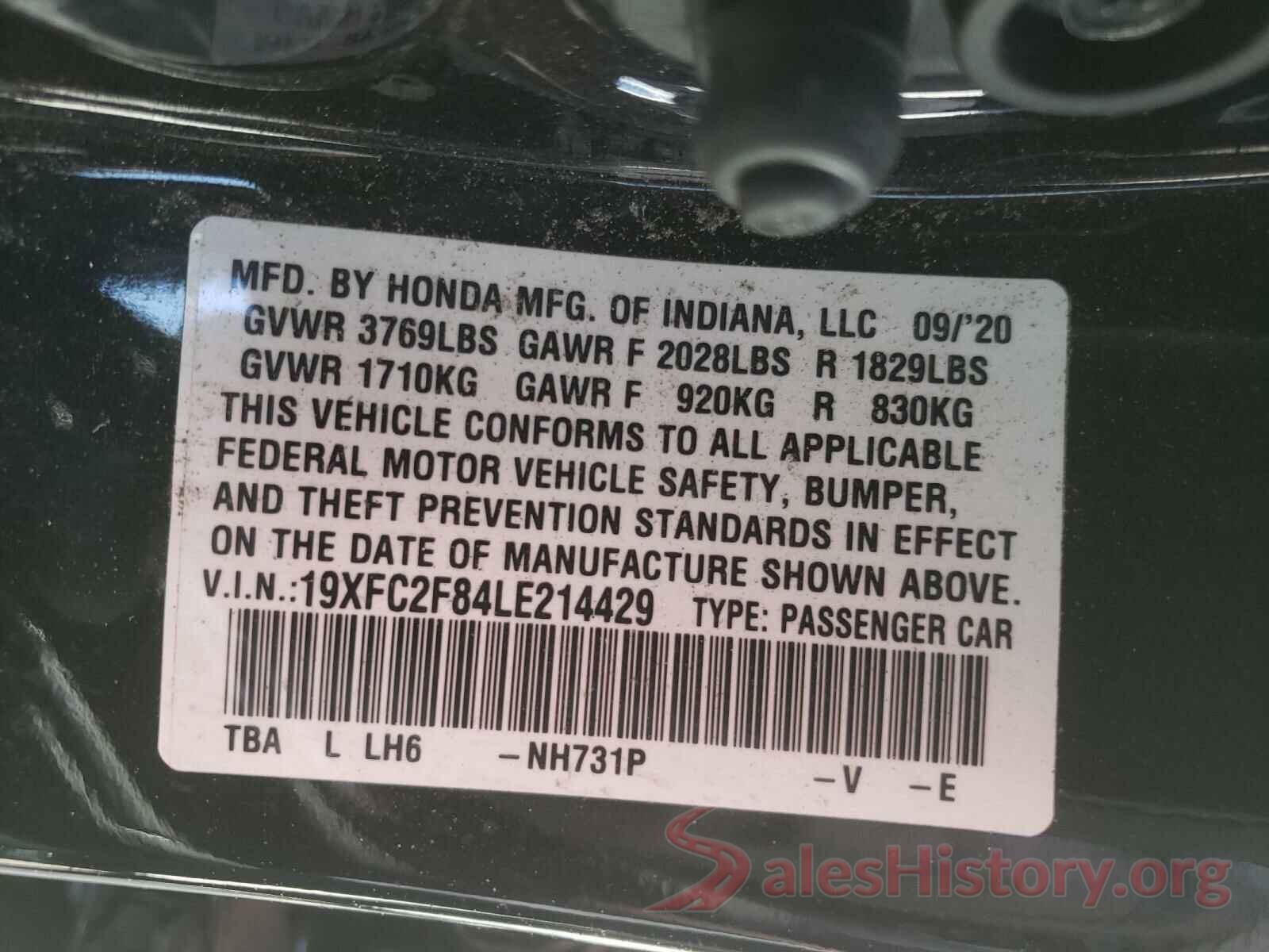 19XFC2F84LE214429 2020 HONDA CIVIC