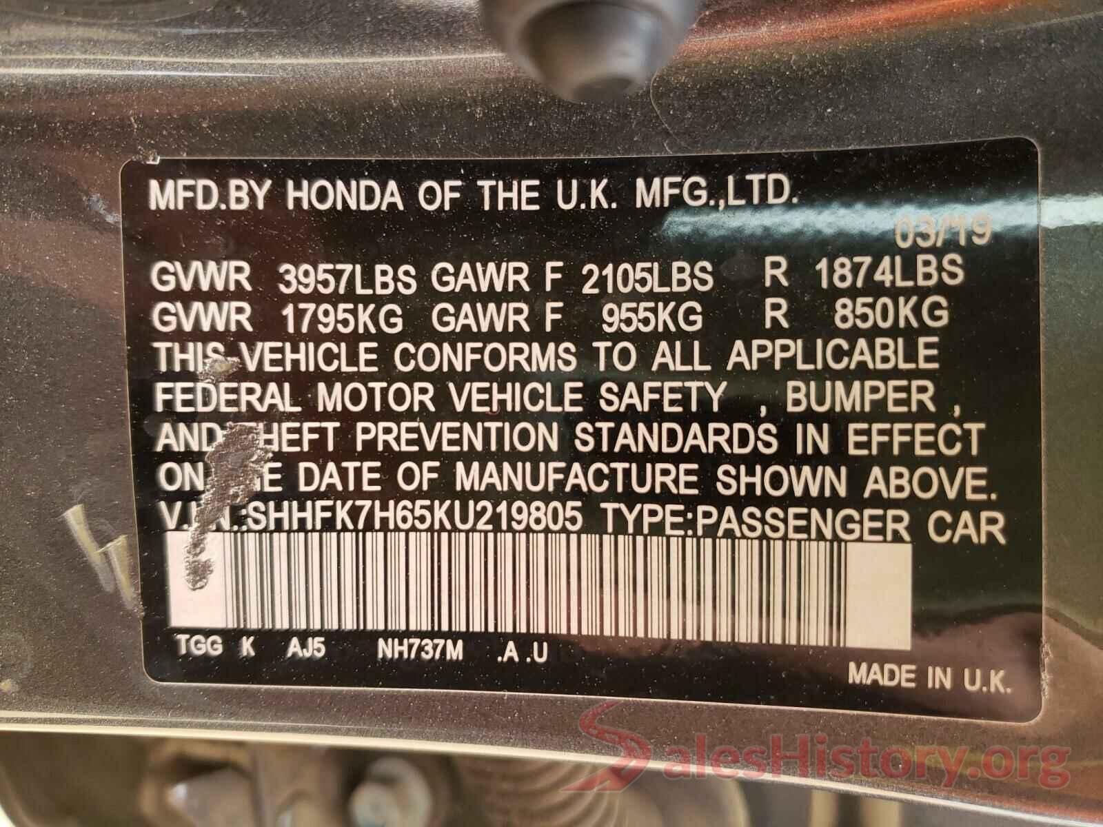 SHHFK7H65KU219805 2019 HONDA CIVIC