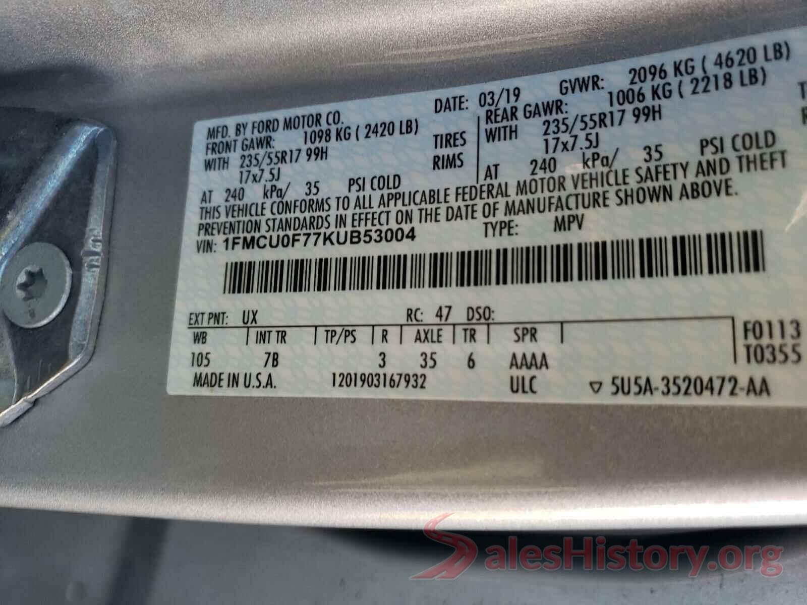 1FMCU0F77KUB53004 2019 FORD ESCAPE