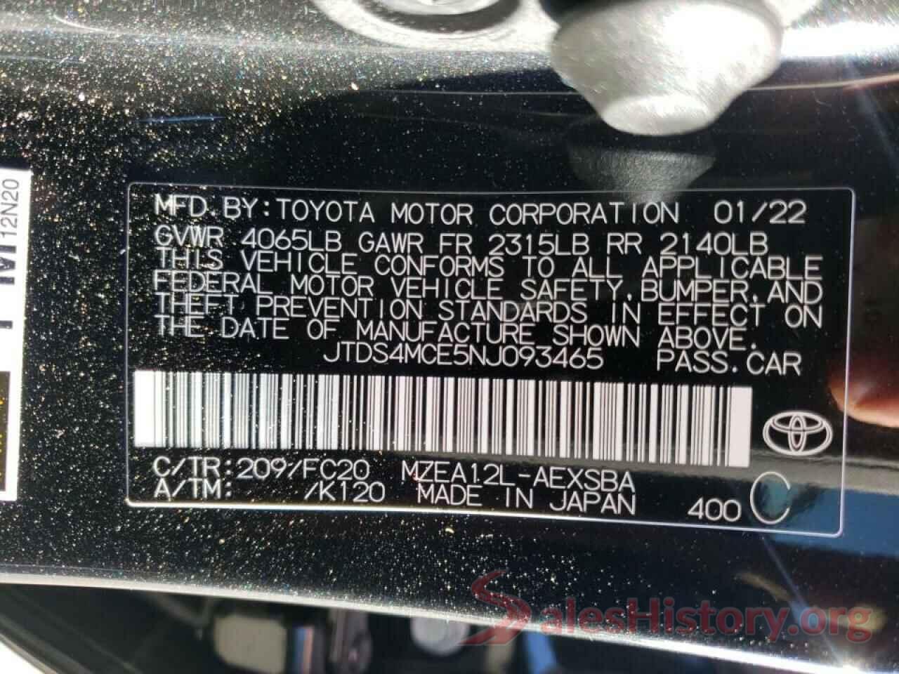 JTDS4MCE5NJ093465 2022 TOYOTA COROLLA