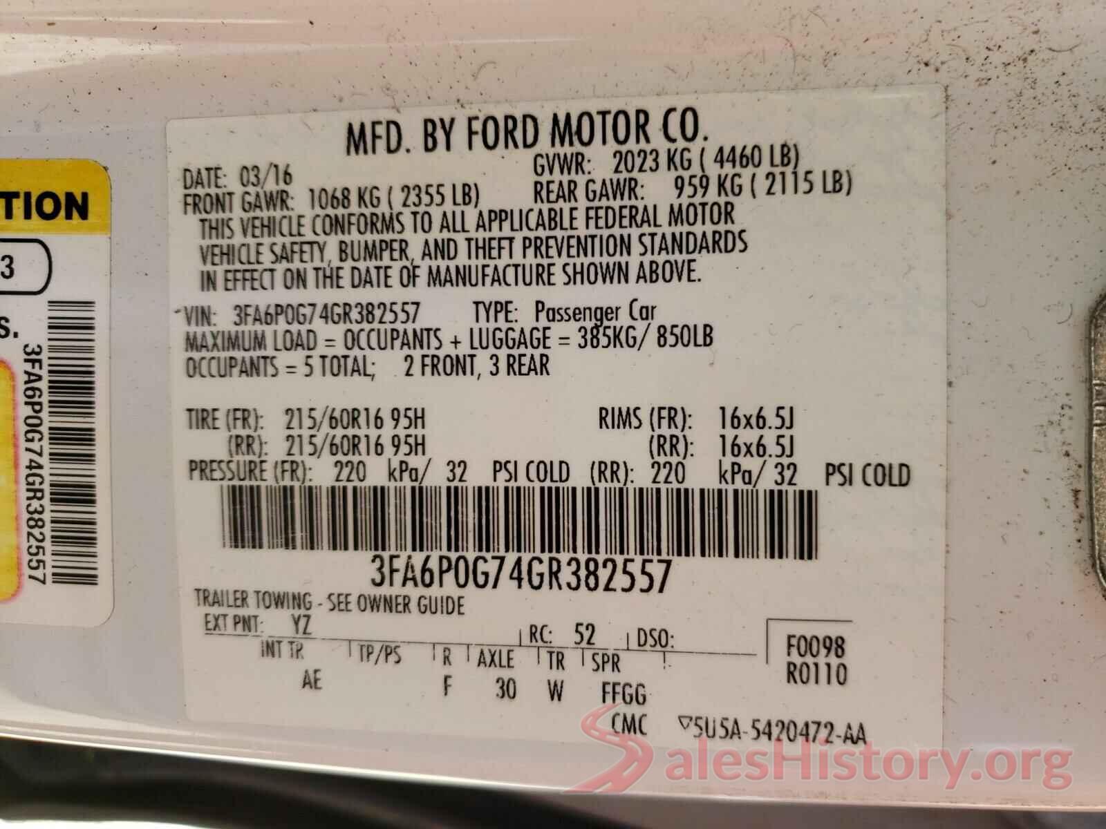 3FA6P0G74GR382557 2016 FORD FUSION