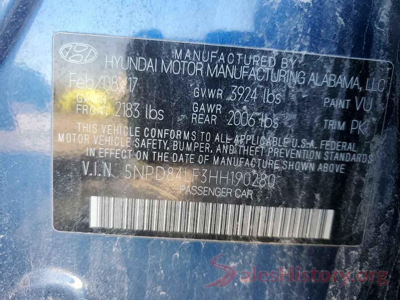 5NPD84LF3HH190280 2017 HYUNDAI ELANTRA