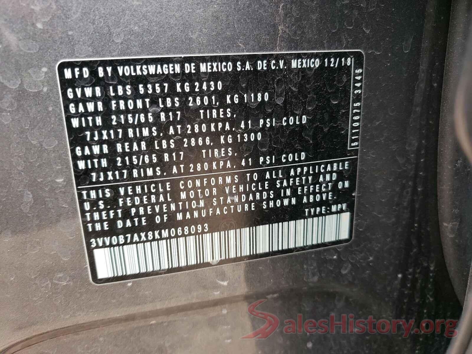 3VV0B7AX8KM068093 2019 VOLKSWAGEN TIGUAN