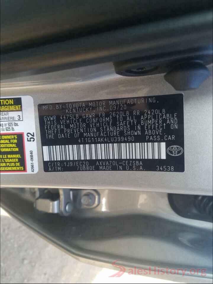 4T1G11AK4LU399490 2020 TOYOTA CAMRY