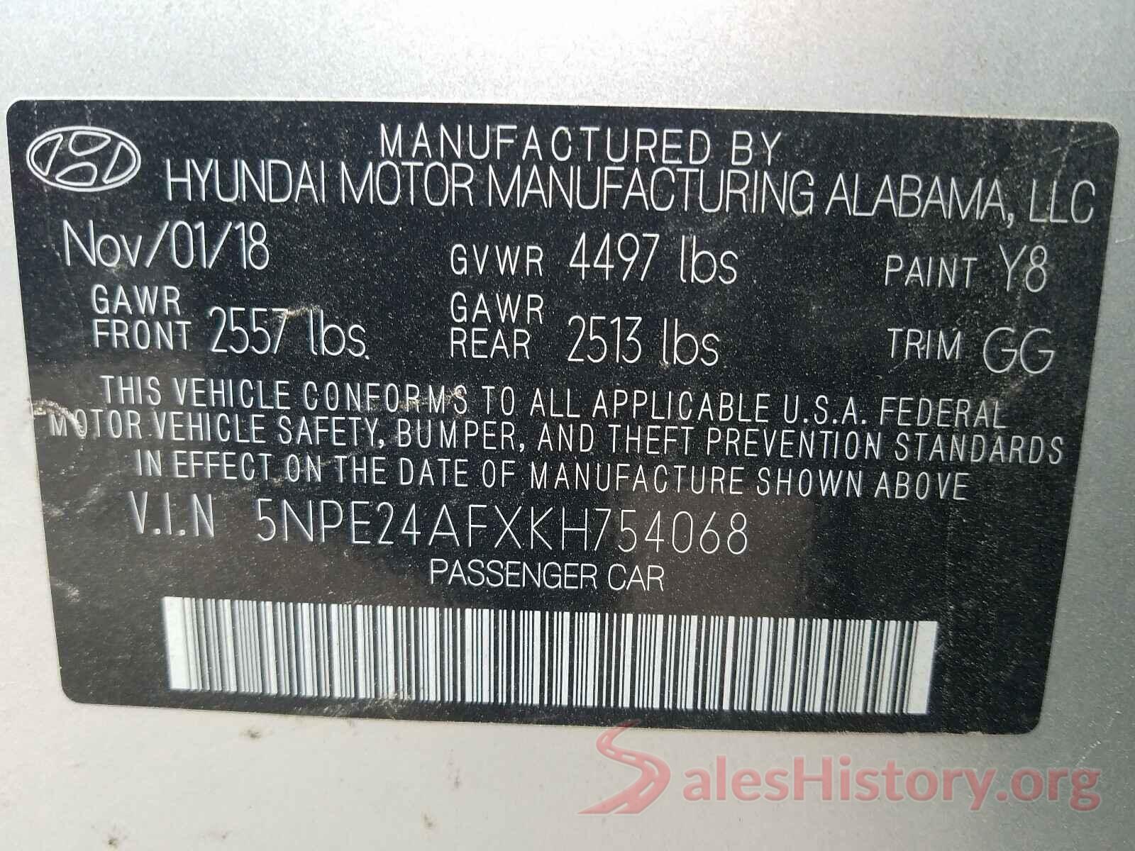 5NPE24AFXKH754068 2019 HYUNDAI SONATA