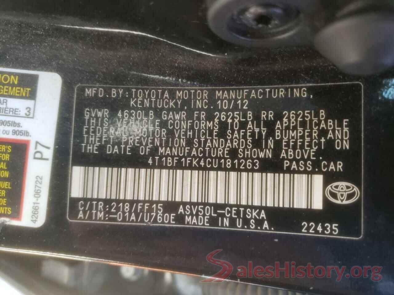 4T1BF1FK4CU181263 2012 TOYOTA CAMRY