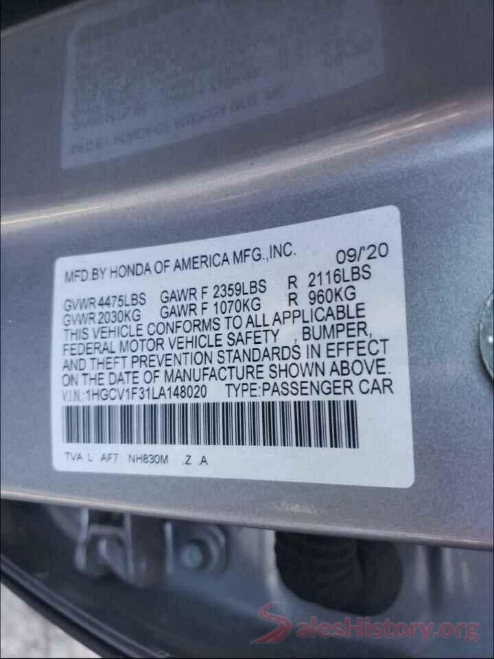 1HGCV1F31LA148020 2020 HONDA ACCORD