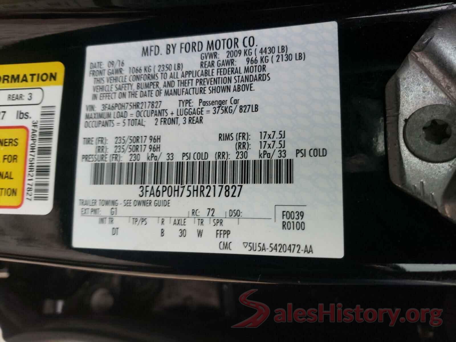 3FA6P0H75HR217827 2017 FORD FUSION