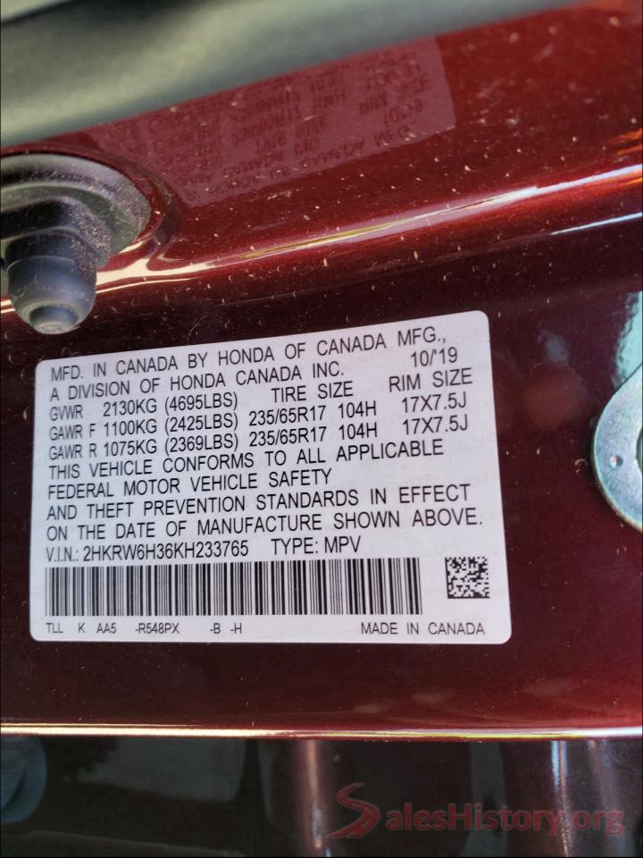 2HKRW6H36KH233765 2019 HONDA CRV