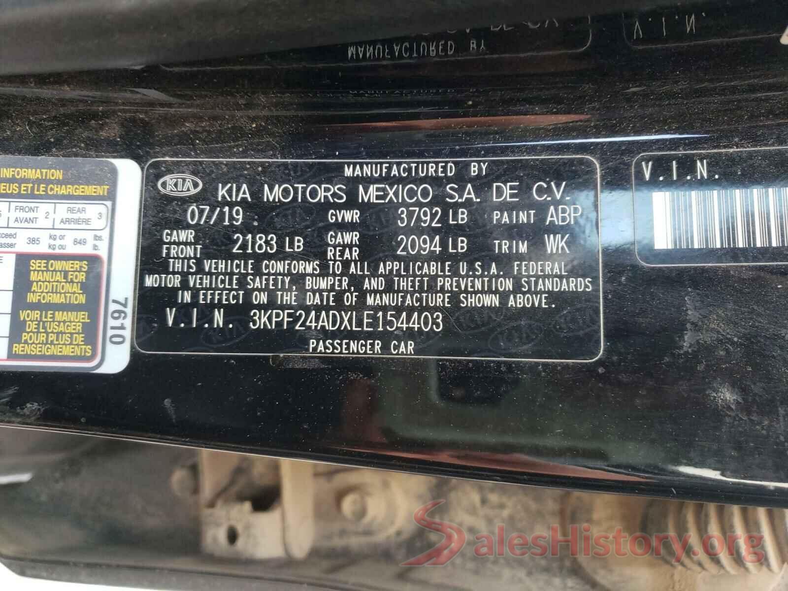 3KPF24ADXLE154403 2020 KIA FORTE