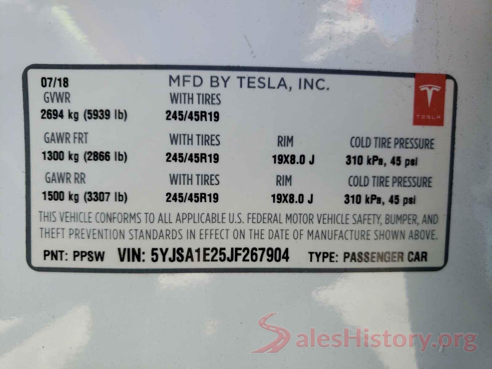 5YJSA1E25JF267904 2018 TESLA MODEL S