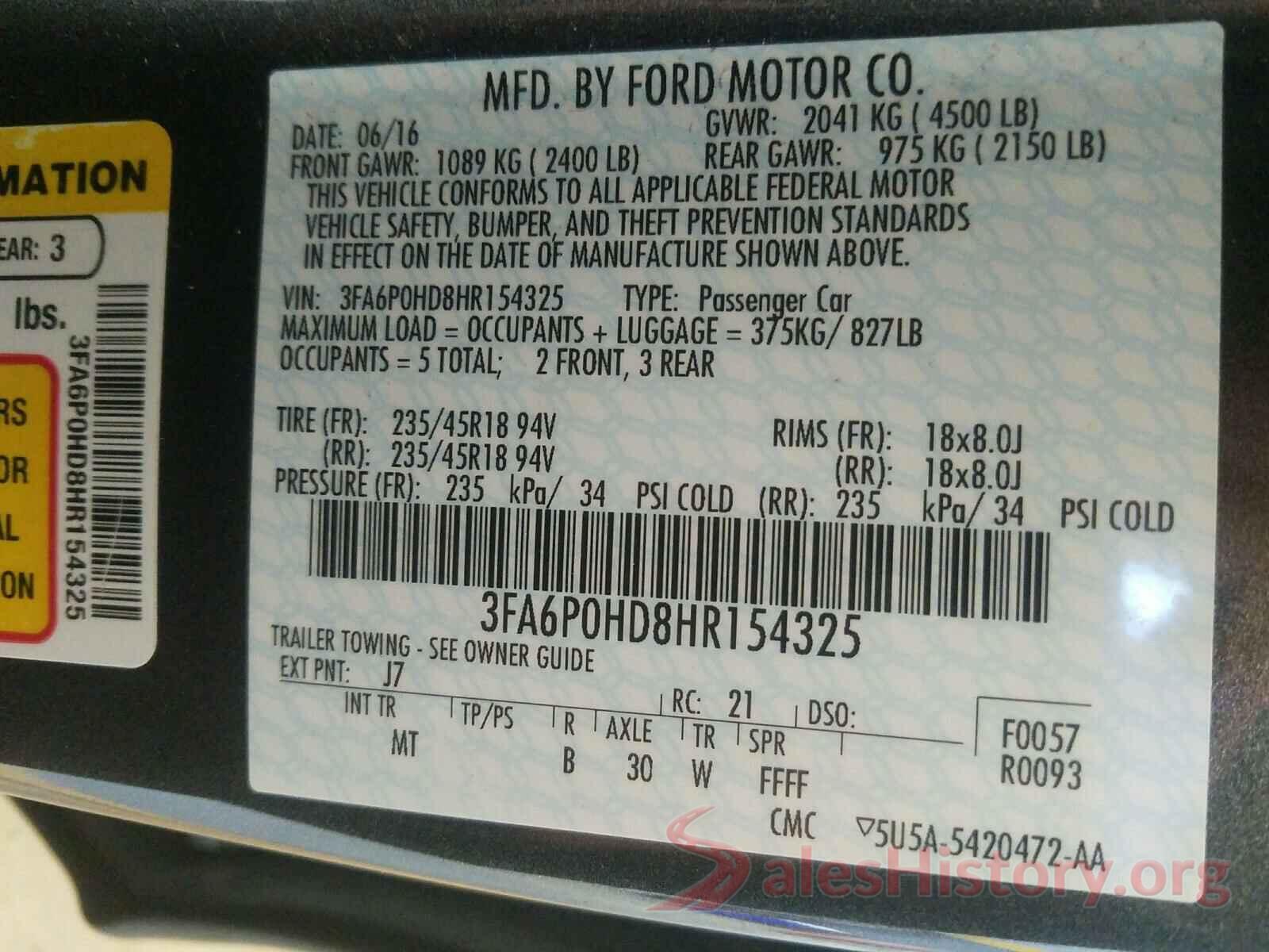 3FA6P0HD8HR154325 2017 FORD FUSION