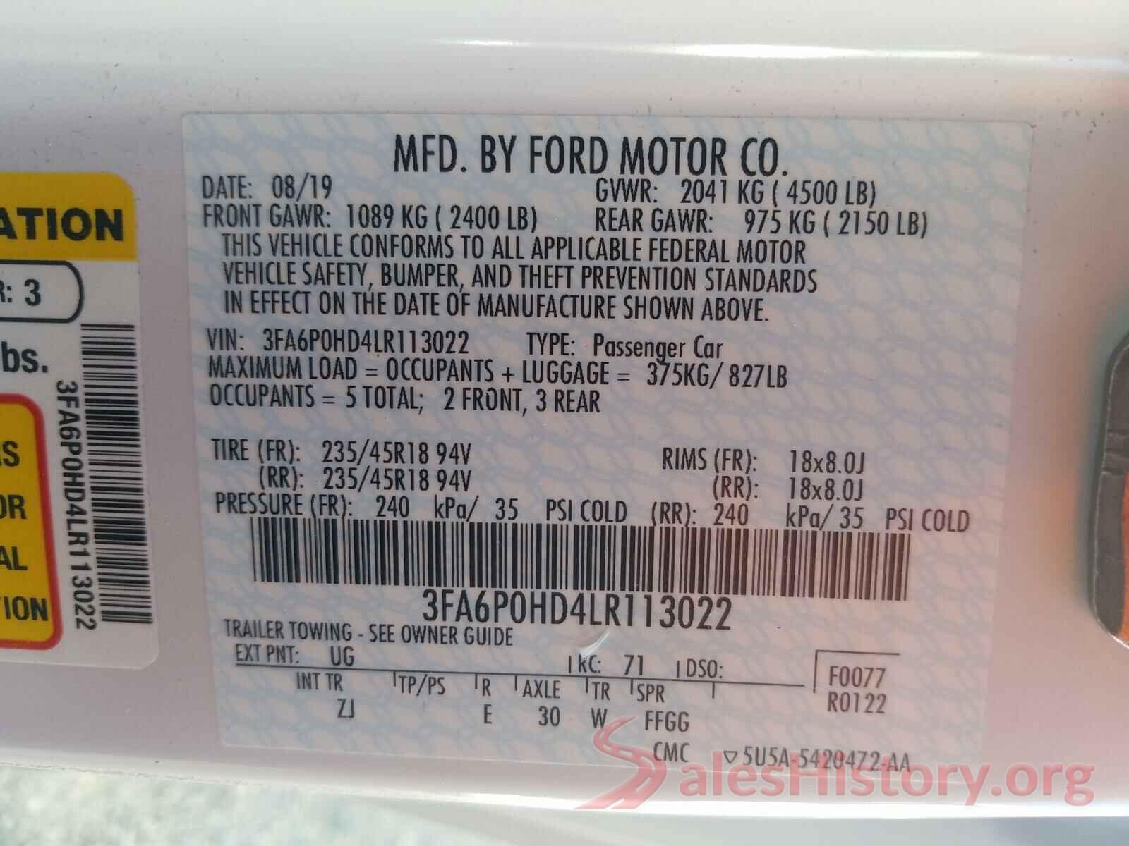 3FA6P0HD4LR113022 2020 FORD FUSION