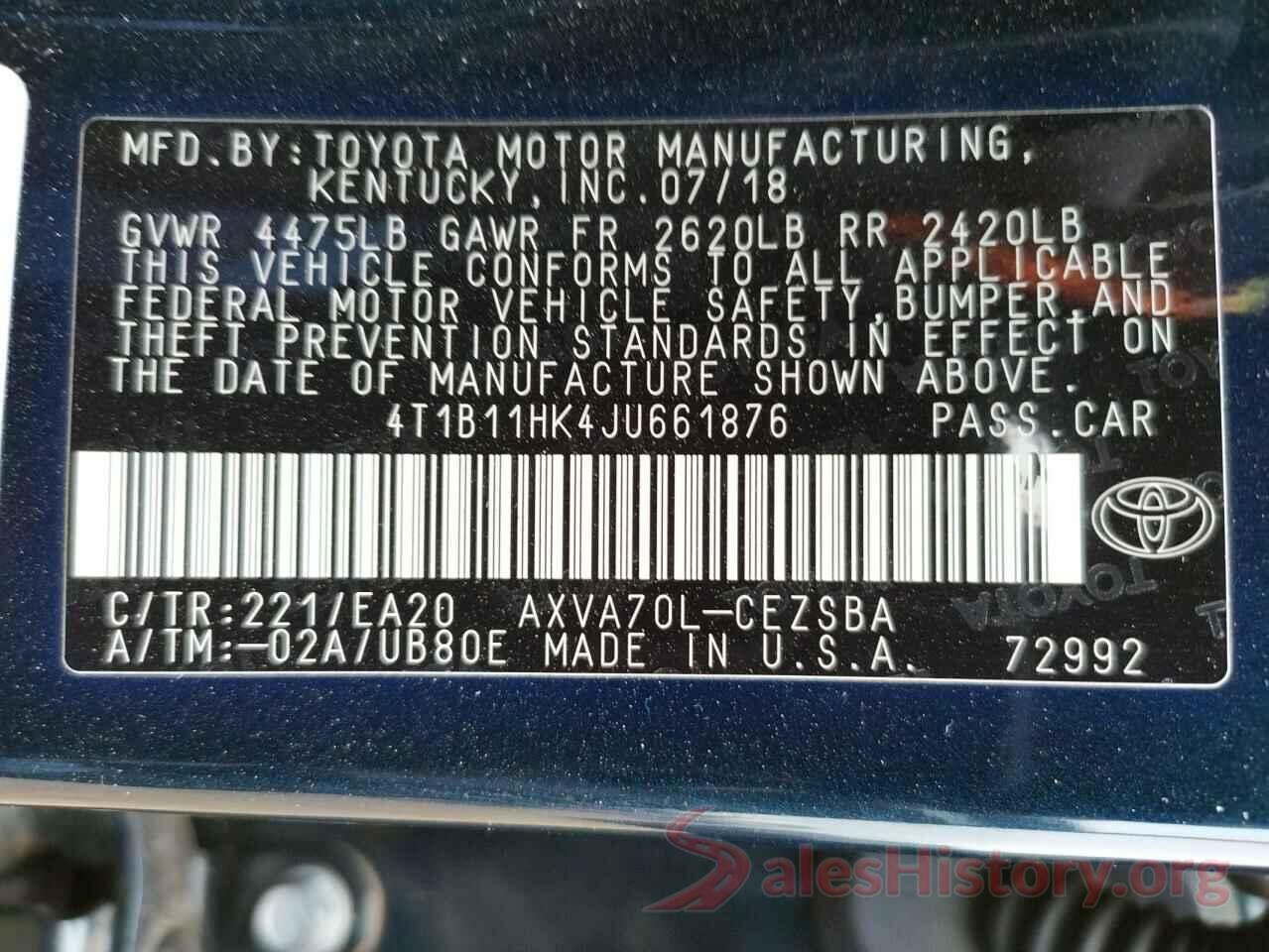 4T1B11HK4JU661876 2018 TOYOTA CAMRY