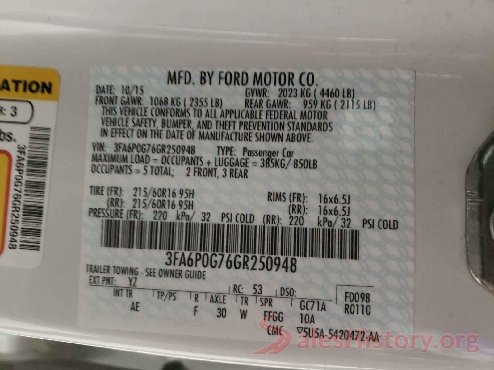 3FA6P0G76GR250948 2016 FORD FUSION