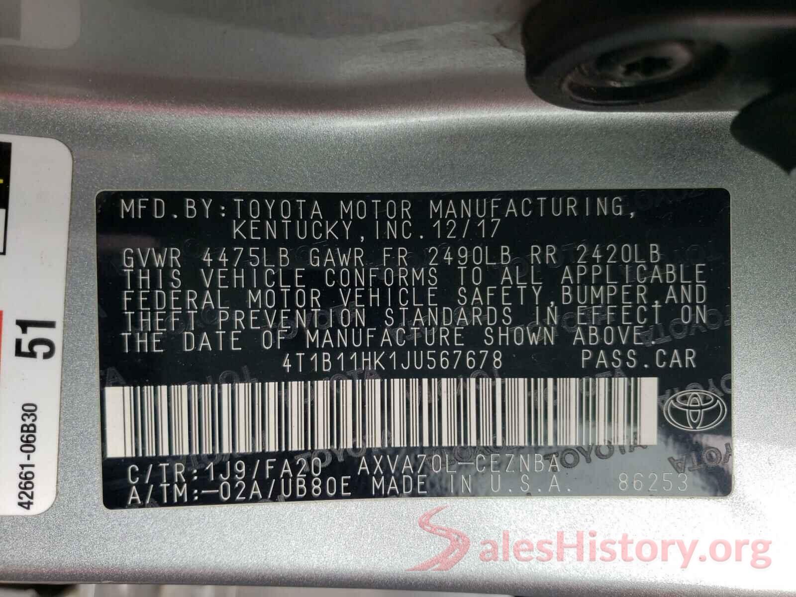 4T1B11HK1JU567678 2018 TOYOTA CAMRY