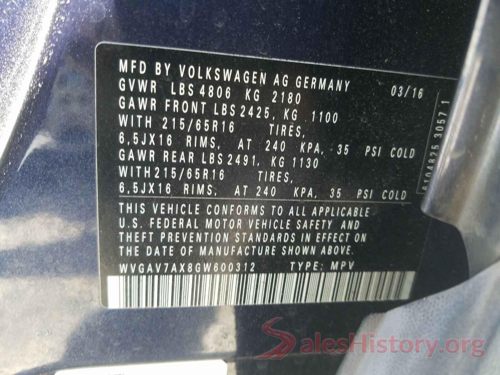 WVGAV7AX8GW600312 2016 VOLKSWAGEN TIGUAN