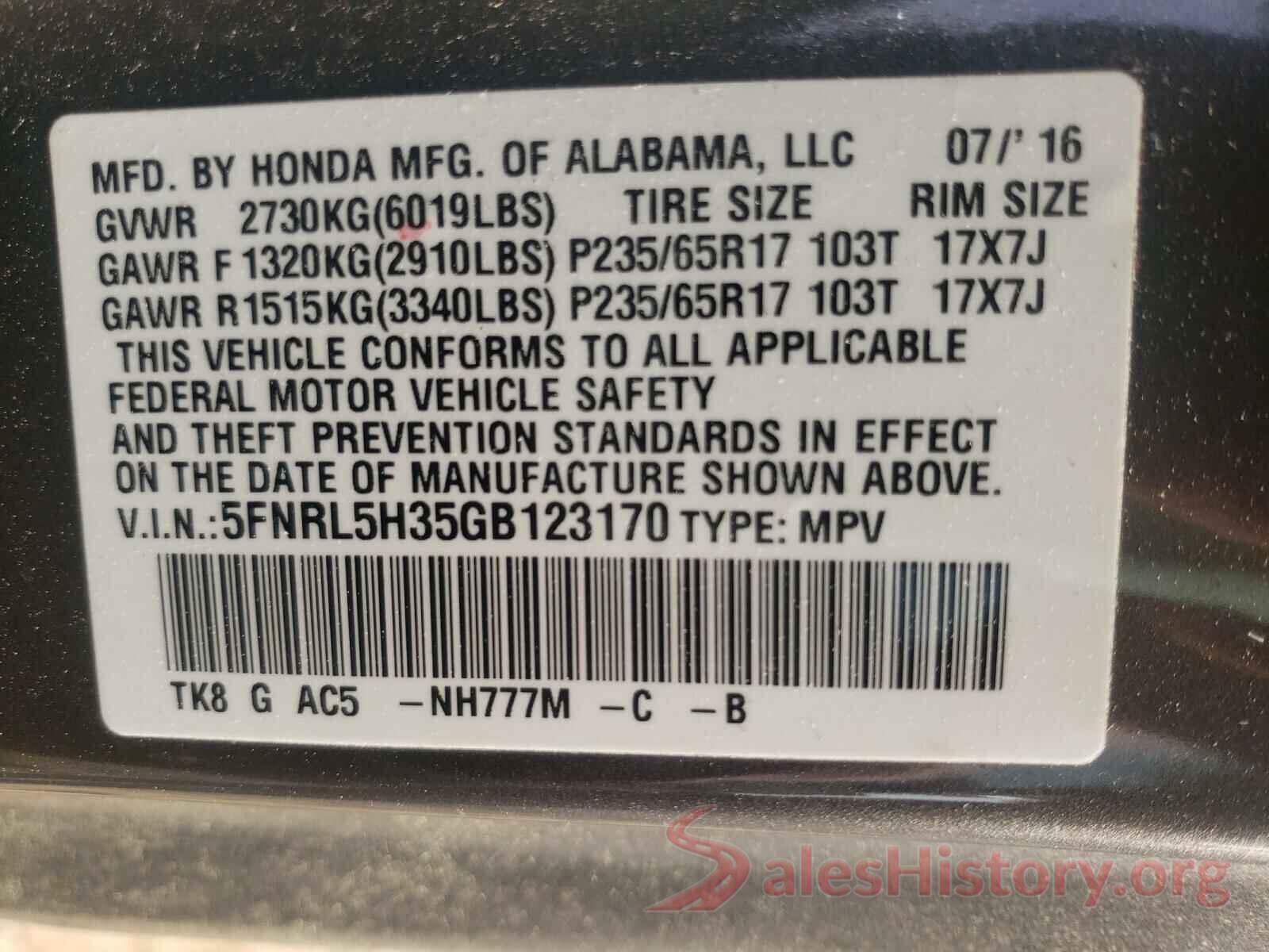 5FNRL5H35GB123170 2016 HONDA ODYSSEY