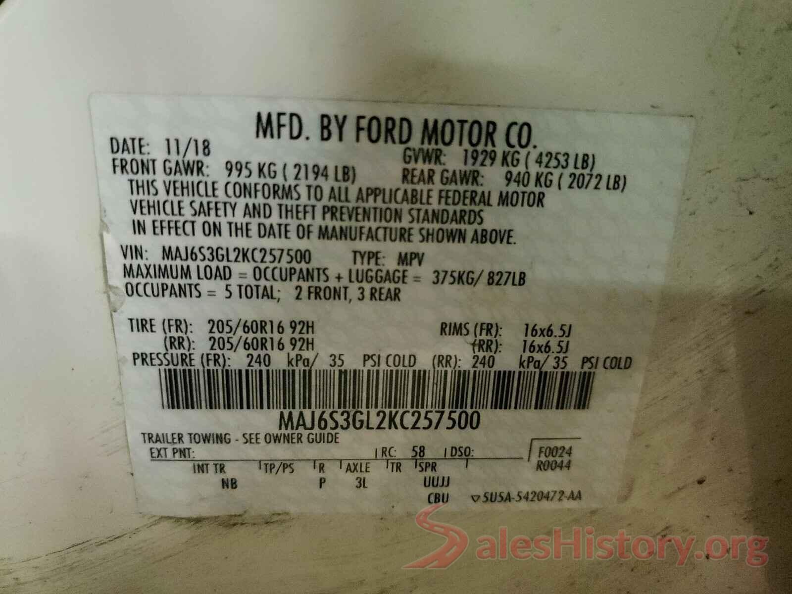 MAJ6S3GL2KC257500 2019 FORD ALL OTHER