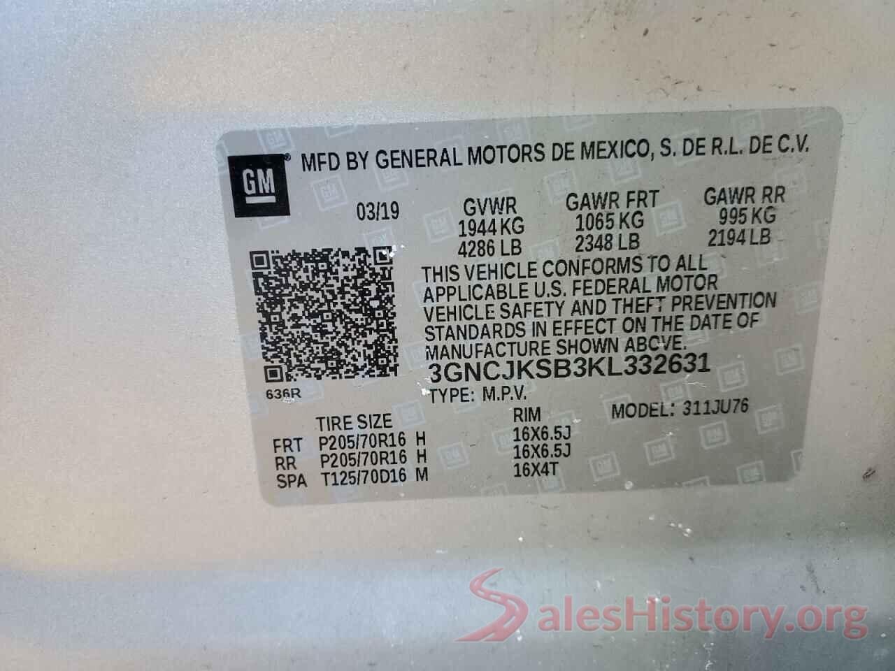 3GNCJKSB3KL332631 2019 CHEVROLET TRAX