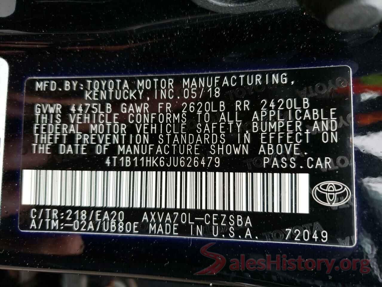 4T1B11HK6JU626479 2018 TOYOTA CAMRY