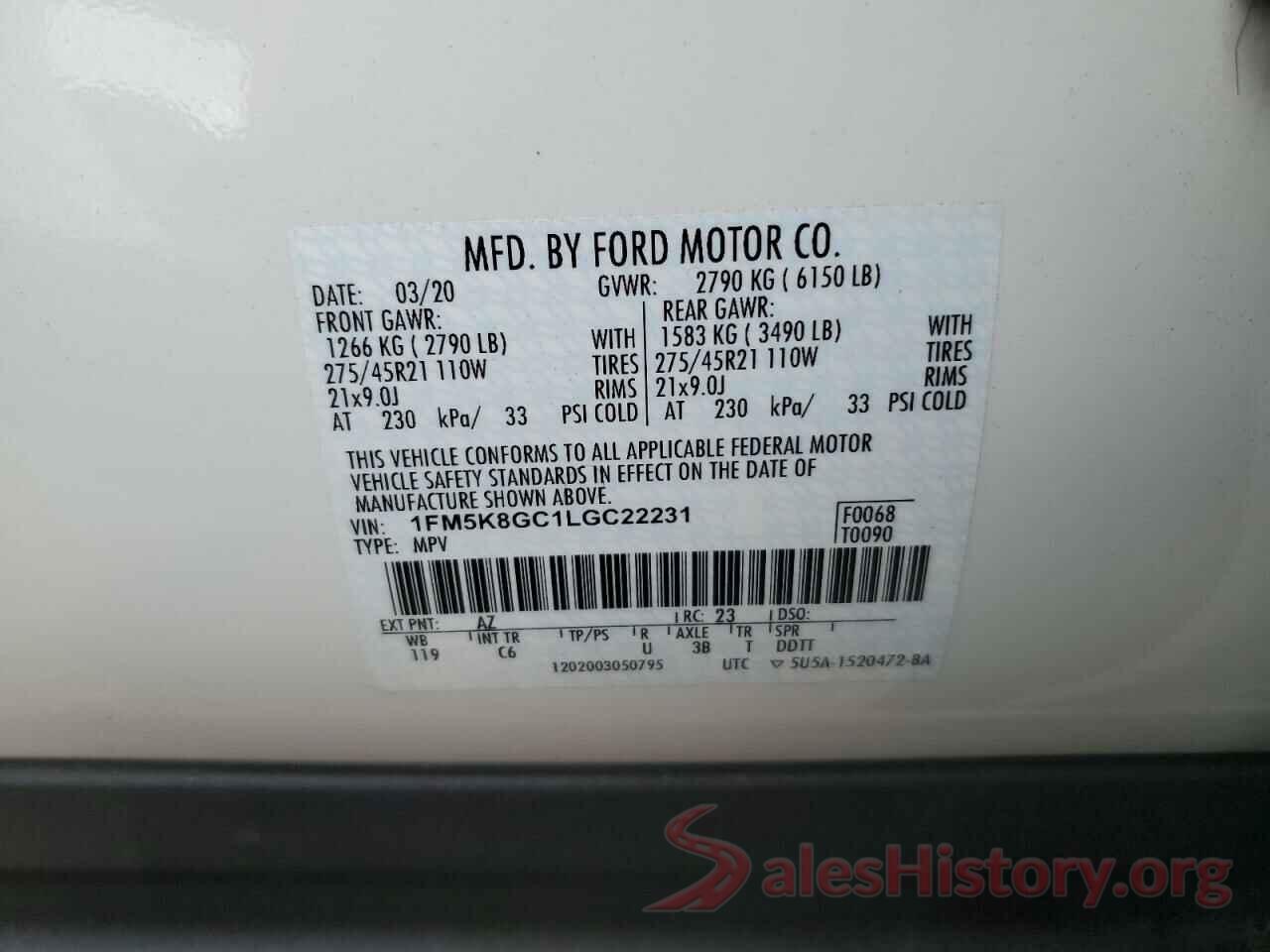 1FM5K8GC1LGC22231 2020 FORD EXPLORER