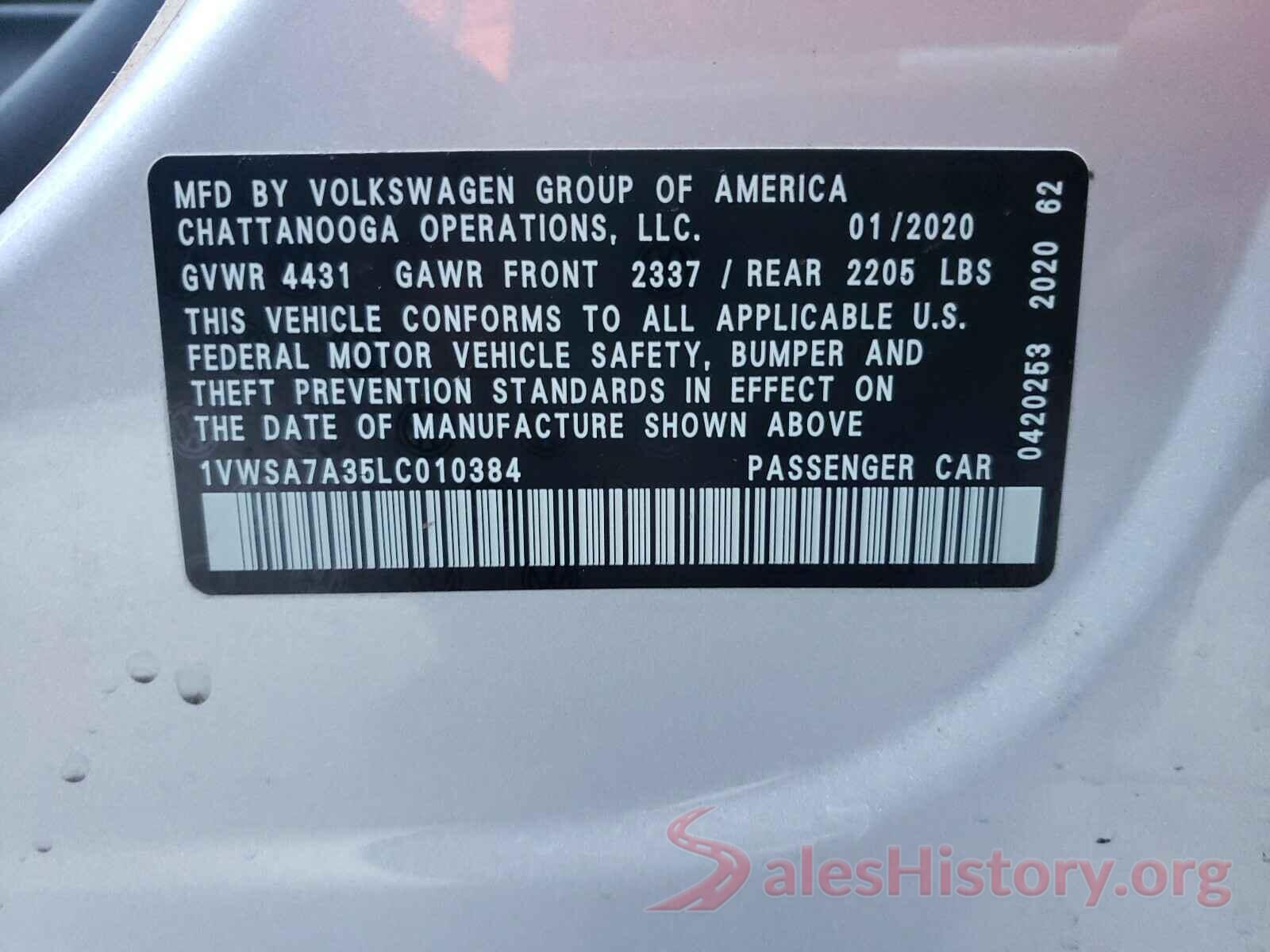 1VWSA7A35LC010384 2020 VOLKSWAGEN PASSAT