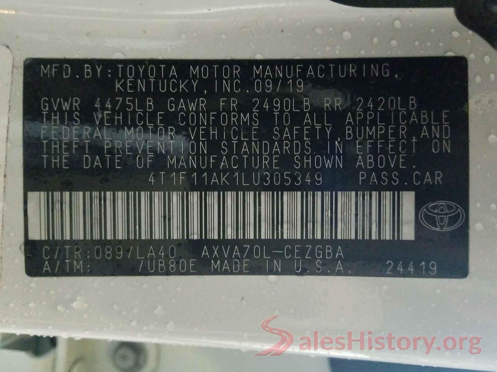 4T1F11AK1LU305349 2020 TOYOTA CAMRY