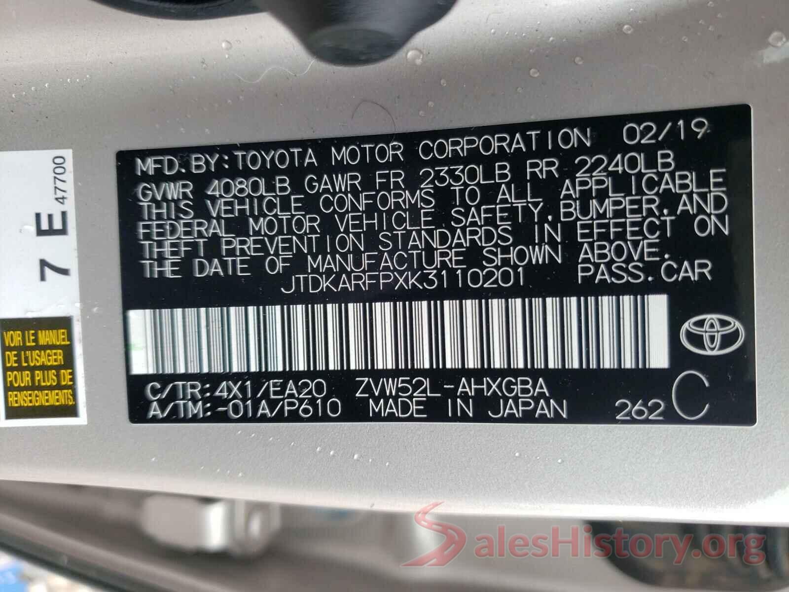 JTDKARFPXK3110201 2019 TOYOTA PRIUS