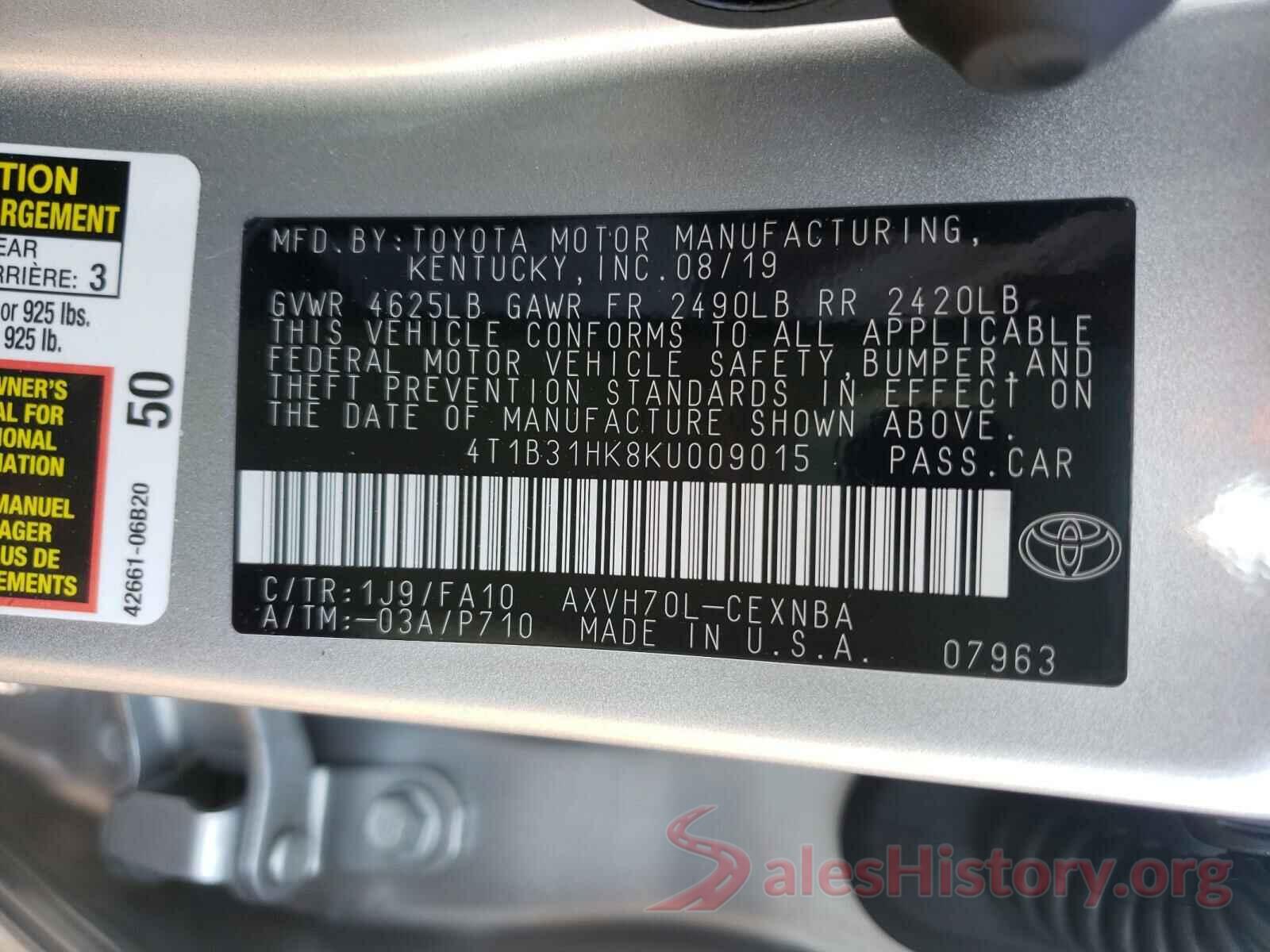 4T1B31HK8KU009015 2019 TOYOTA CAMRY