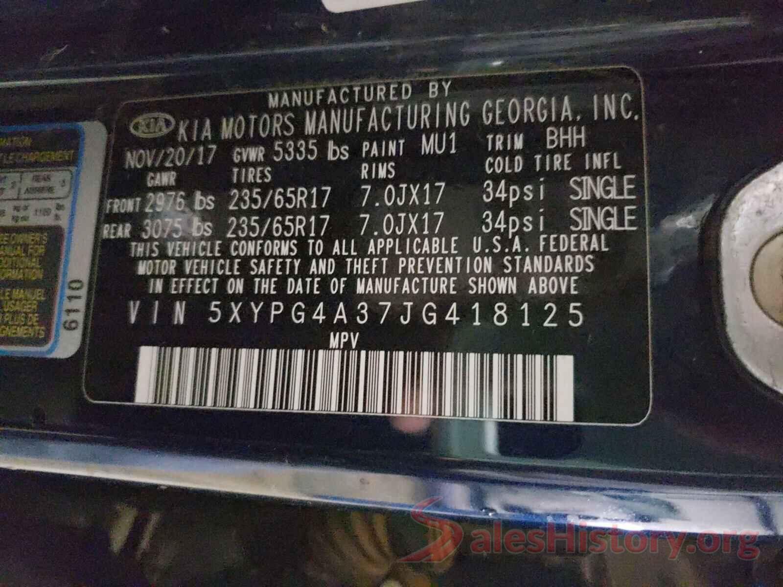 5XYPG4A37JG418125 2018 KIA SORENTO