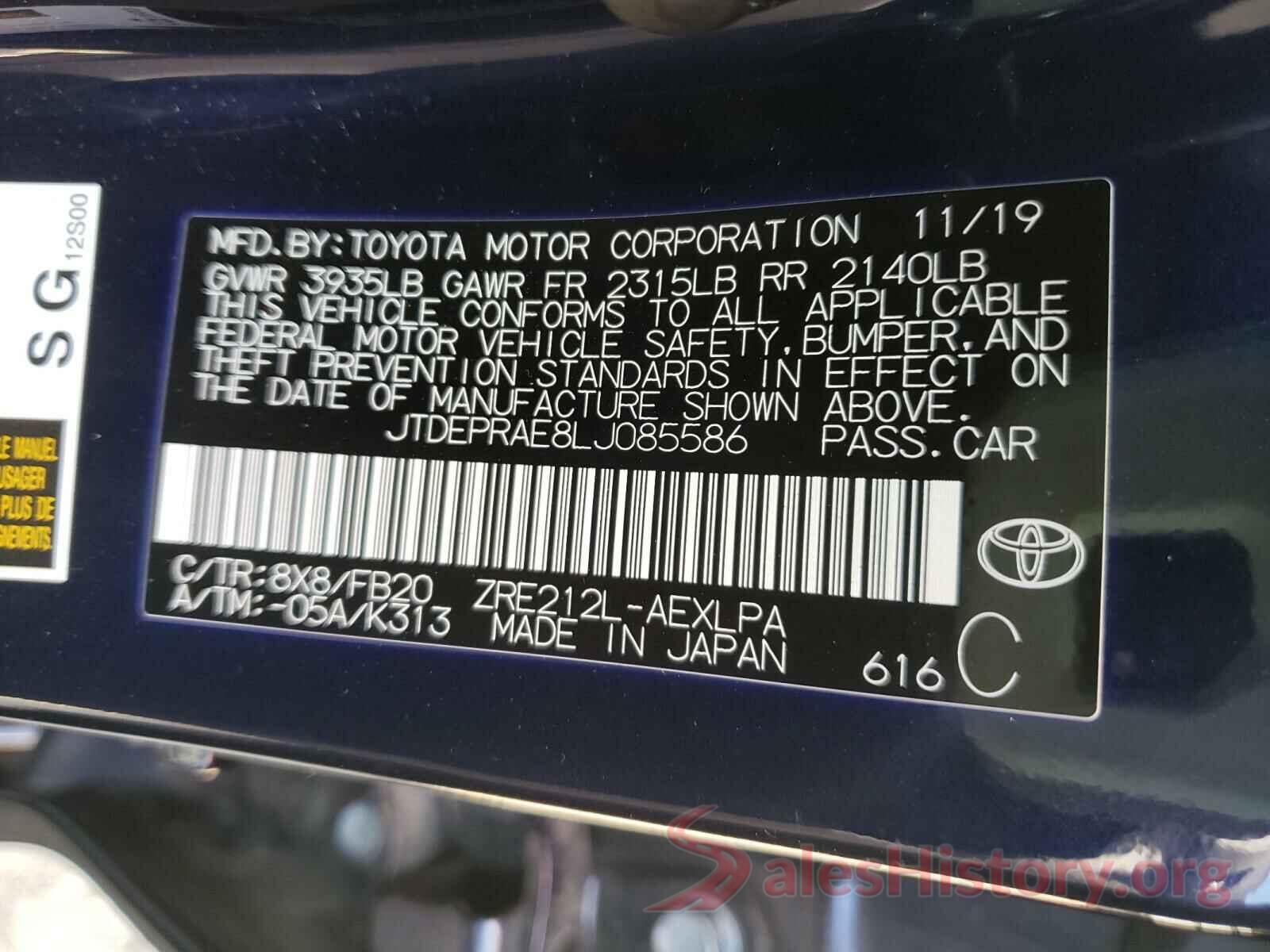 JTDEPRAE8LJ085586 2020 TOYOTA COROLLA