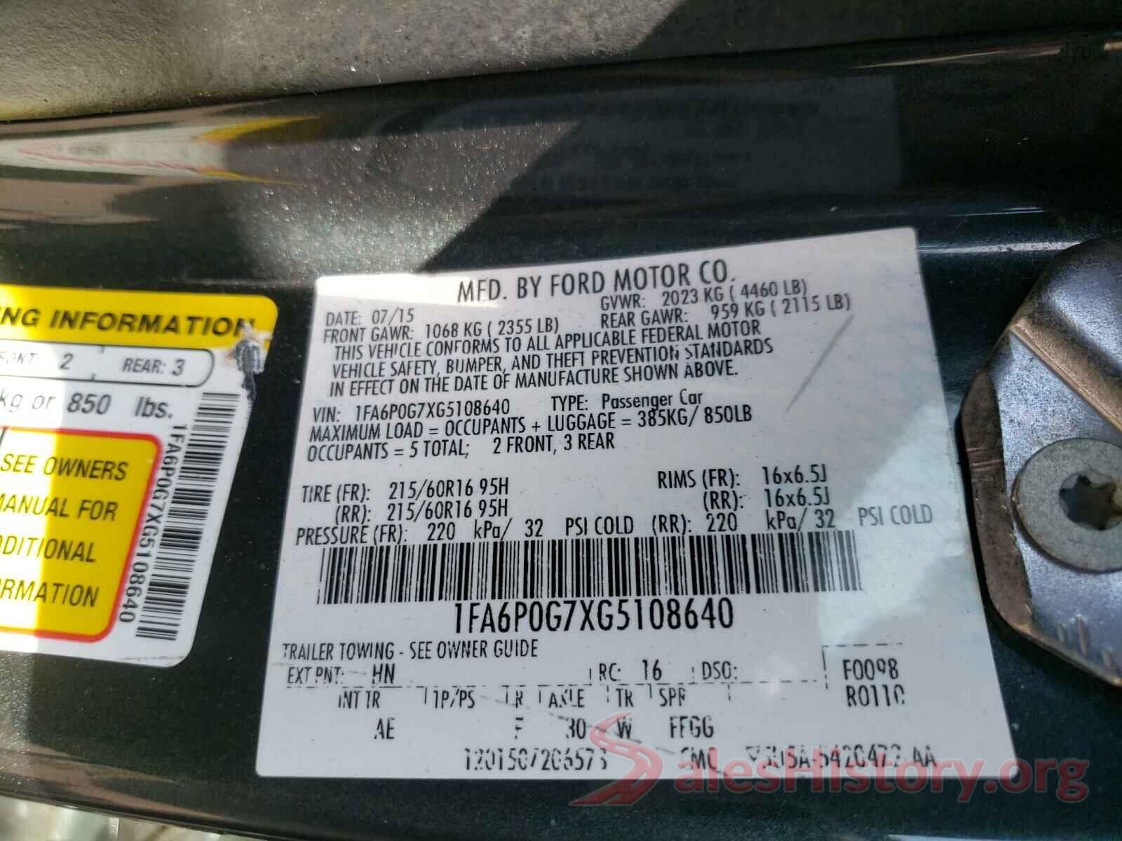 1FA6P0G7XG5108640 2016 FORD FUSION