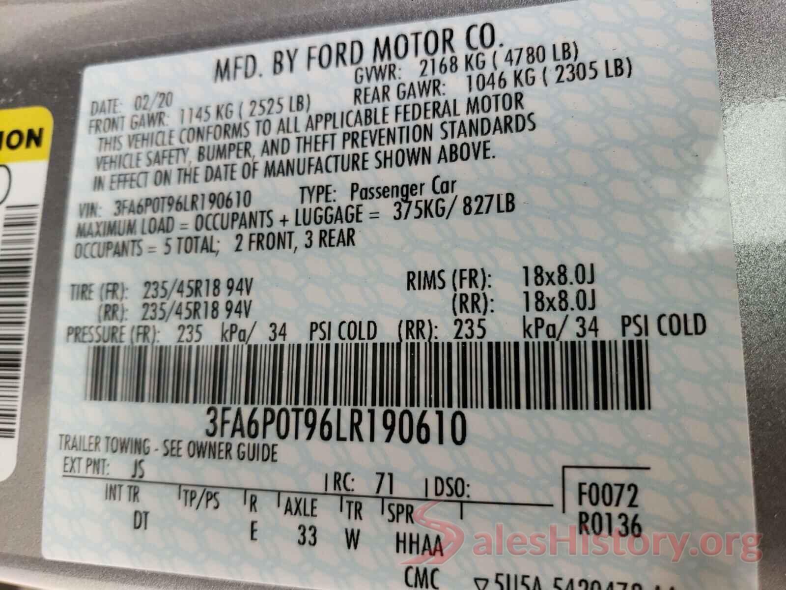 3FA6P0T96LR190610 2020 FORD FUSION