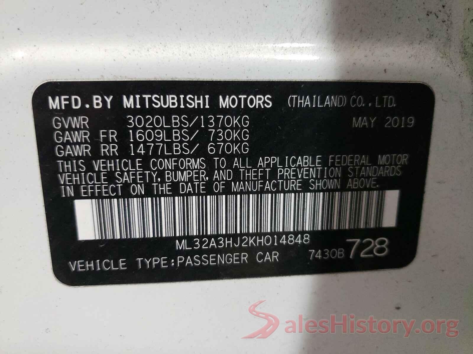 ML32A3HJ2KH014848 2019 MITSUBISHI MIRAGE