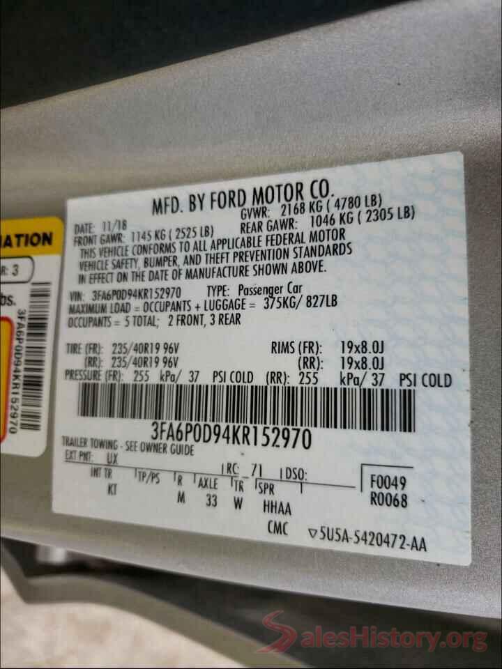 3FA6P0D94KR152970 2019 FORD FUSION