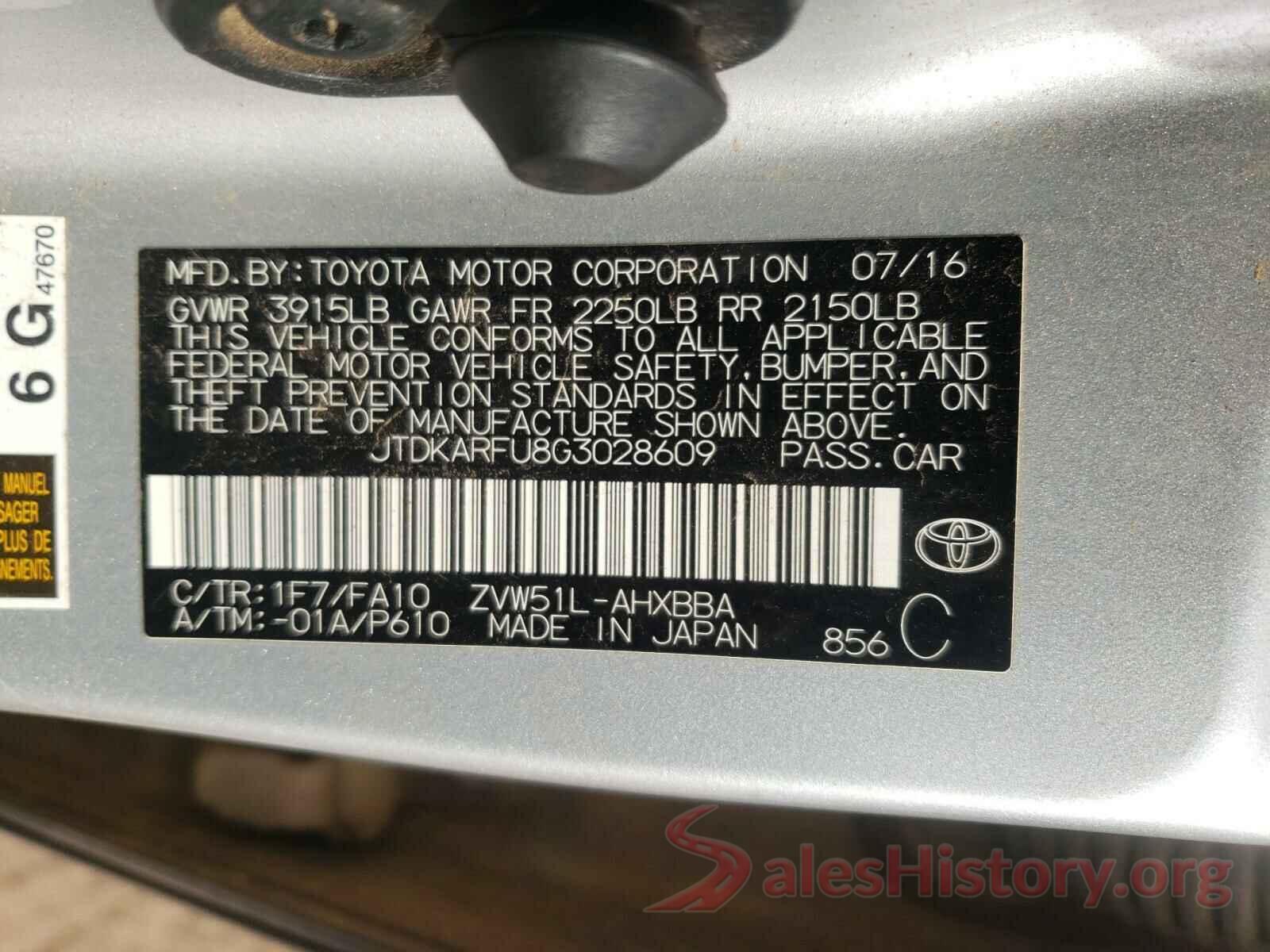 JTDKARFU8G3028609 2016 TOYOTA PRIUS