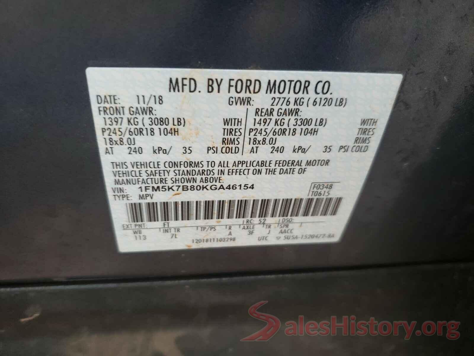 1FM5K7B80KGA46154 2019 FORD EXPLORER