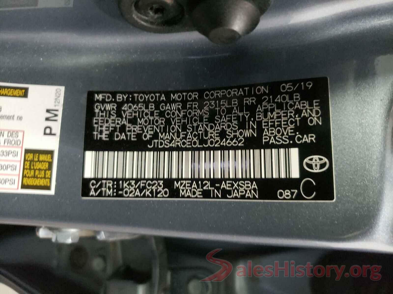 JTDS4RCE0LJ024662 2020 TOYOTA COROLLA