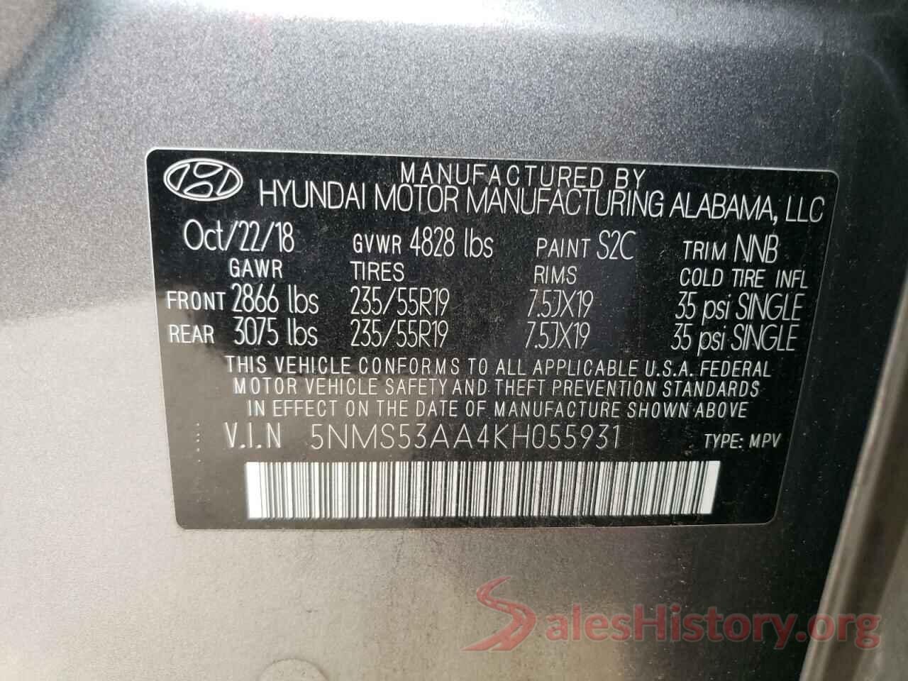 5NMS53AA4KH055931 2019 HYUNDAI SANTA FE